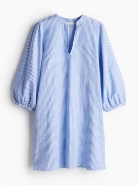 H&M linen cotton balloon long sleeve mini dress tunic swimsuit coverup striped